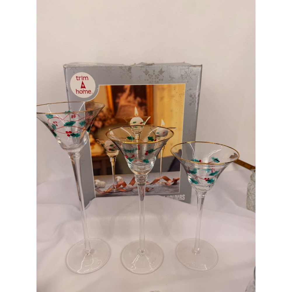 Trim A Home 3 PC Tartan Ribbon Glass Votive Holders Christmas Holly Gold Trim